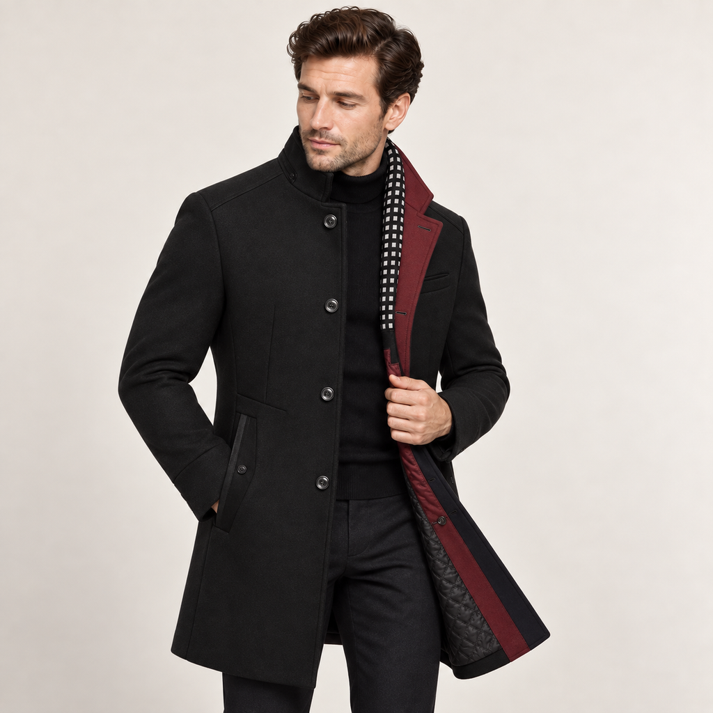 Structured black wool overcoat with a raised collar, single-breasted front, and contrasting burgundy colorblock lining.