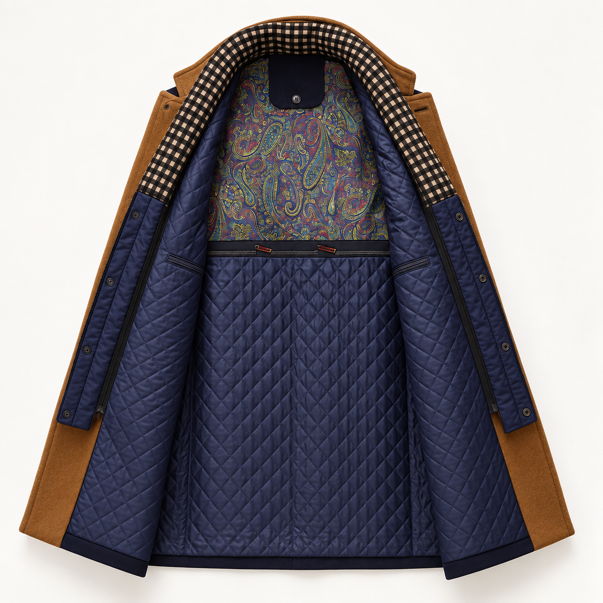 Wool overcoat with a tan exterior, navy quilted lining, paisley interior panel, and checkered collar detail.
