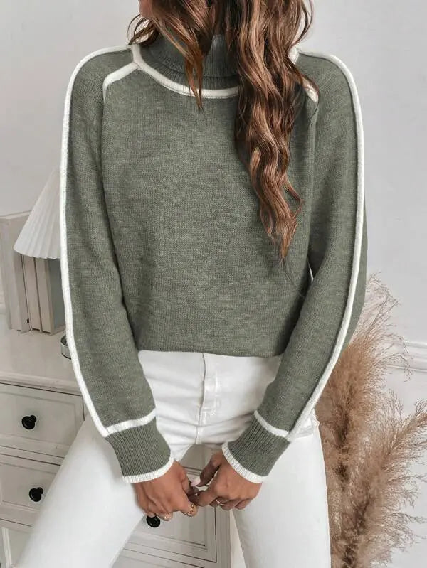 Claudine Turtleneck Sweater – Contrast Stripe Ribbed Relaxed Pullover
