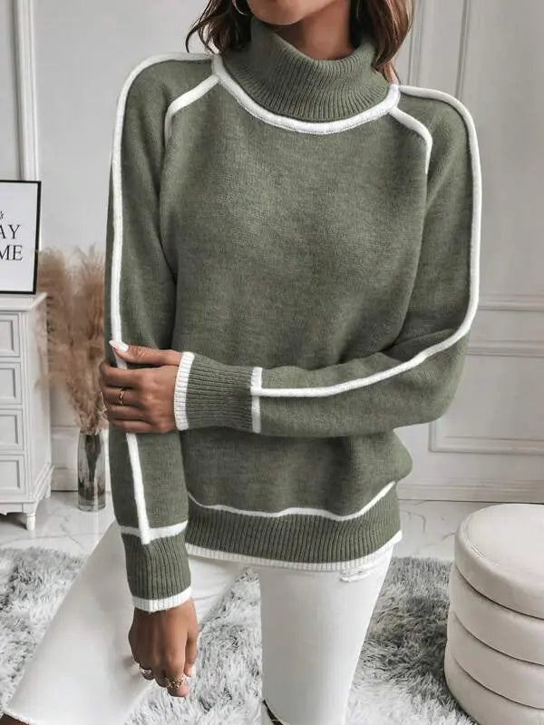 Claudine Turtleneck Sweater – Contrast Stripe Ribbed Relaxed Pullover