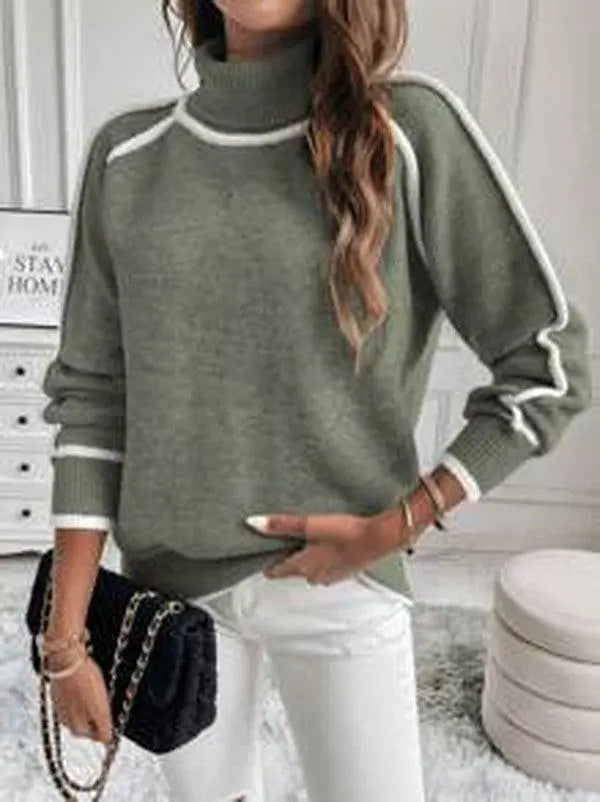 Claudine Turtleneck Sweater – Contrast Stripe Ribbed Relaxed Pullover