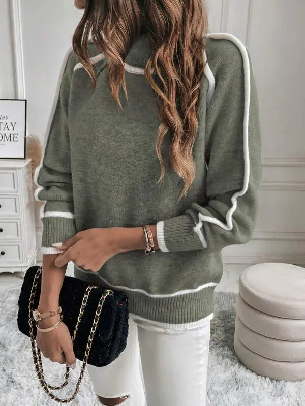 Claudine Turtleneck Sweater – Contrast Stripe Ribbed Relaxed Pullover