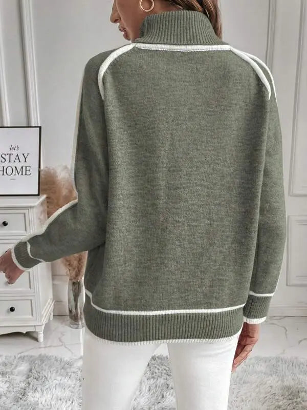 Claudine Turtleneck Sweater – Contrast Stripe Ribbed Relaxed Pullover