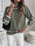 Claudine Turtleneck Sweater – Contrast Stripe Ribbed Relaxed Pullover