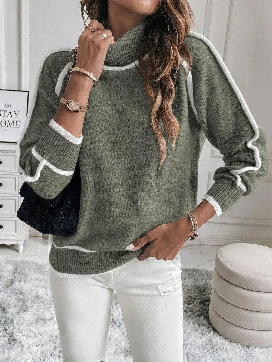 Claudine Turtleneck Sweater – Contrast Stripe Ribbed Relaxed Pullover