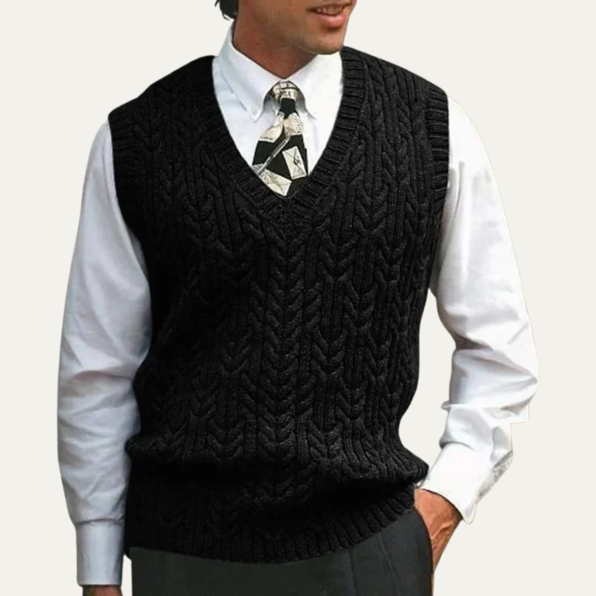 Claudio Cable-Knit V-Neck Sweater Vest – Ribbed Classic Winter Layering