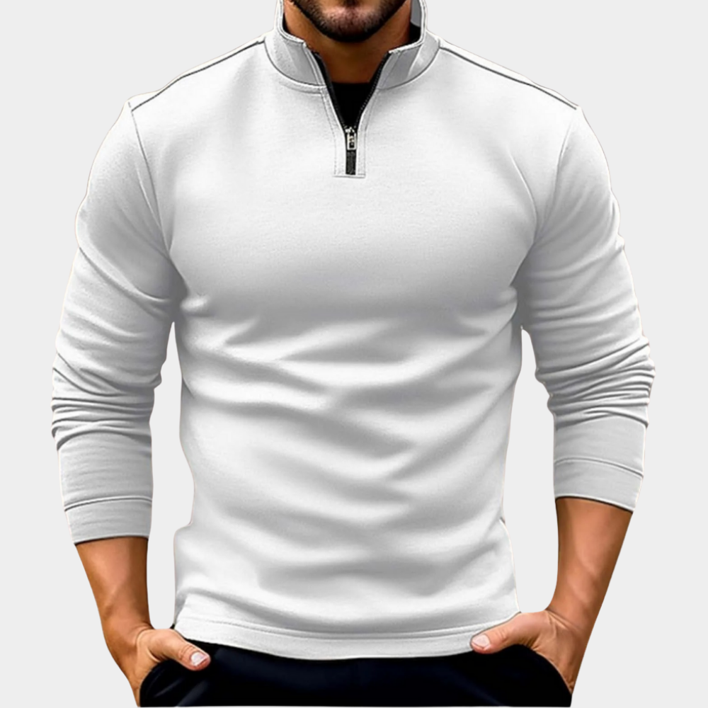 White half-zip fleece sweatshirt featuring a stand collar and long sleeves, paired with dark jeans on a white background.