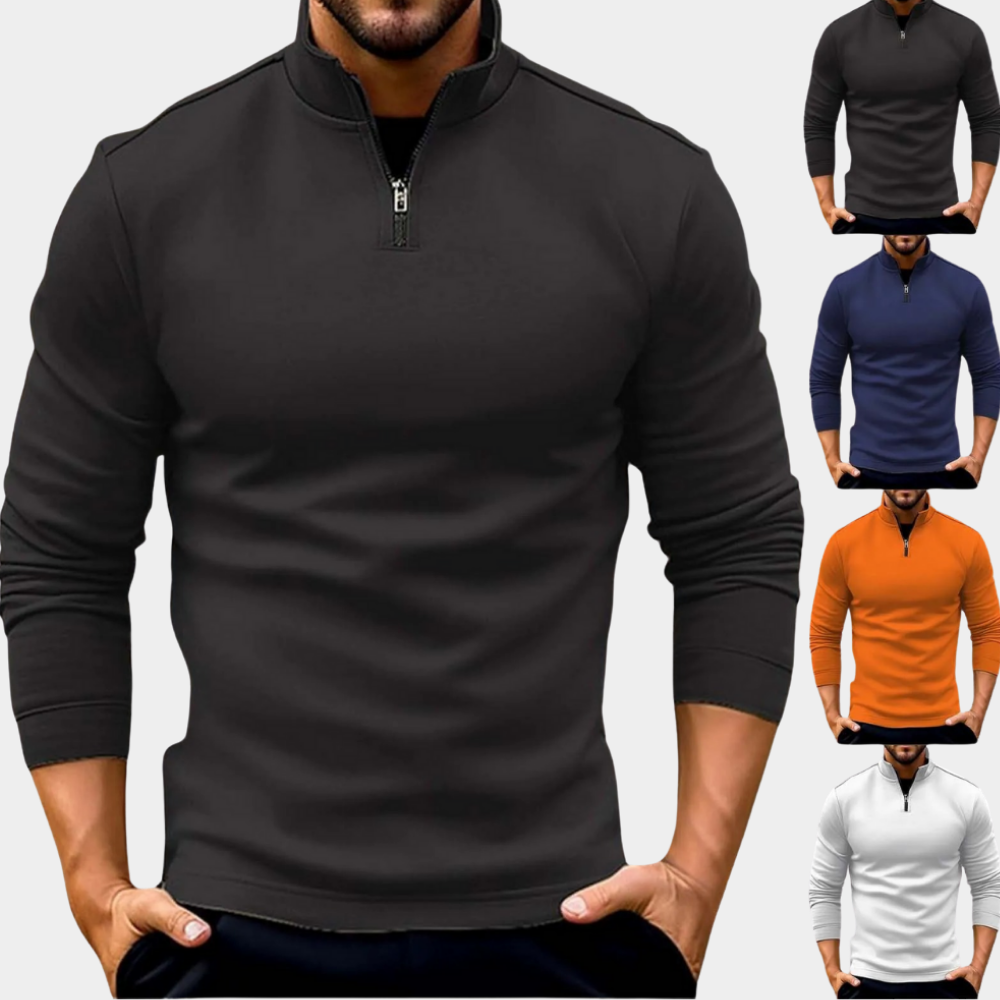 Black half-zip fleece sweatshirt with a stand collar shown alongside available color options including navy, orange, and white.