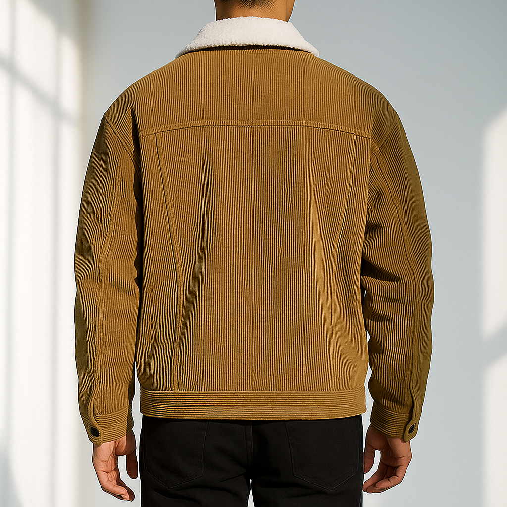 Back view of a tan corduroy jacket with long sleeves, a straight hem, and ribbed corduroy texture.