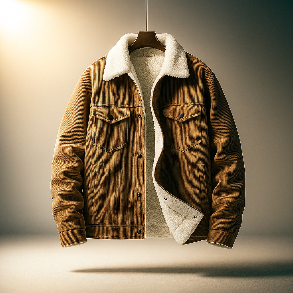 Tan corduroy jacket displayed open, showing the white sherpa lining, button-front closure, chest pockets, and white sherpa collar.