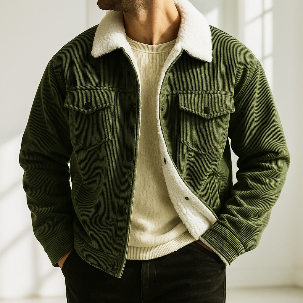 Man wearing a green corduroy jacket with a white sherpa collar, button-front closure, and flap chest pockets.