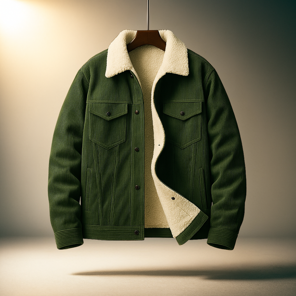 Green corduroy jacket displayed open, showing the white sherpa lining, pointed collar, chest pockets, and button-front closure.