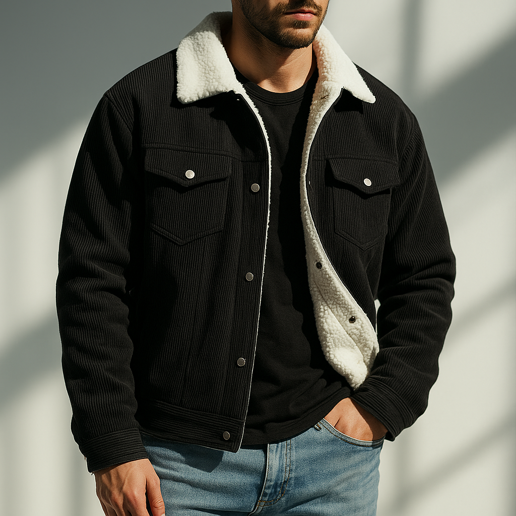 Man wearing a black corduroy jacket with a white sherpa collar, button-front closure, flap chest pockets, and long sleeves.