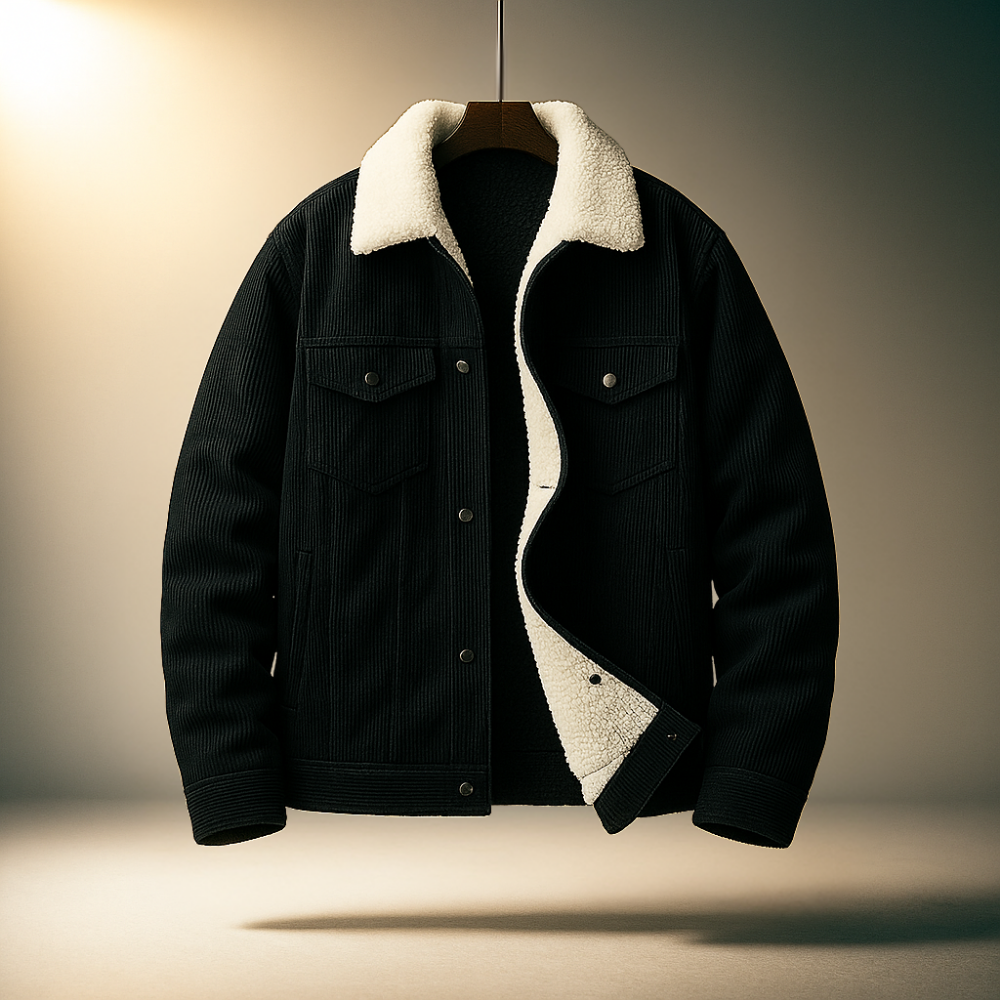 Black corduroy jacket displayed open, showing the white sherpa lining, pointed collar, chest pockets, and button-front closure.