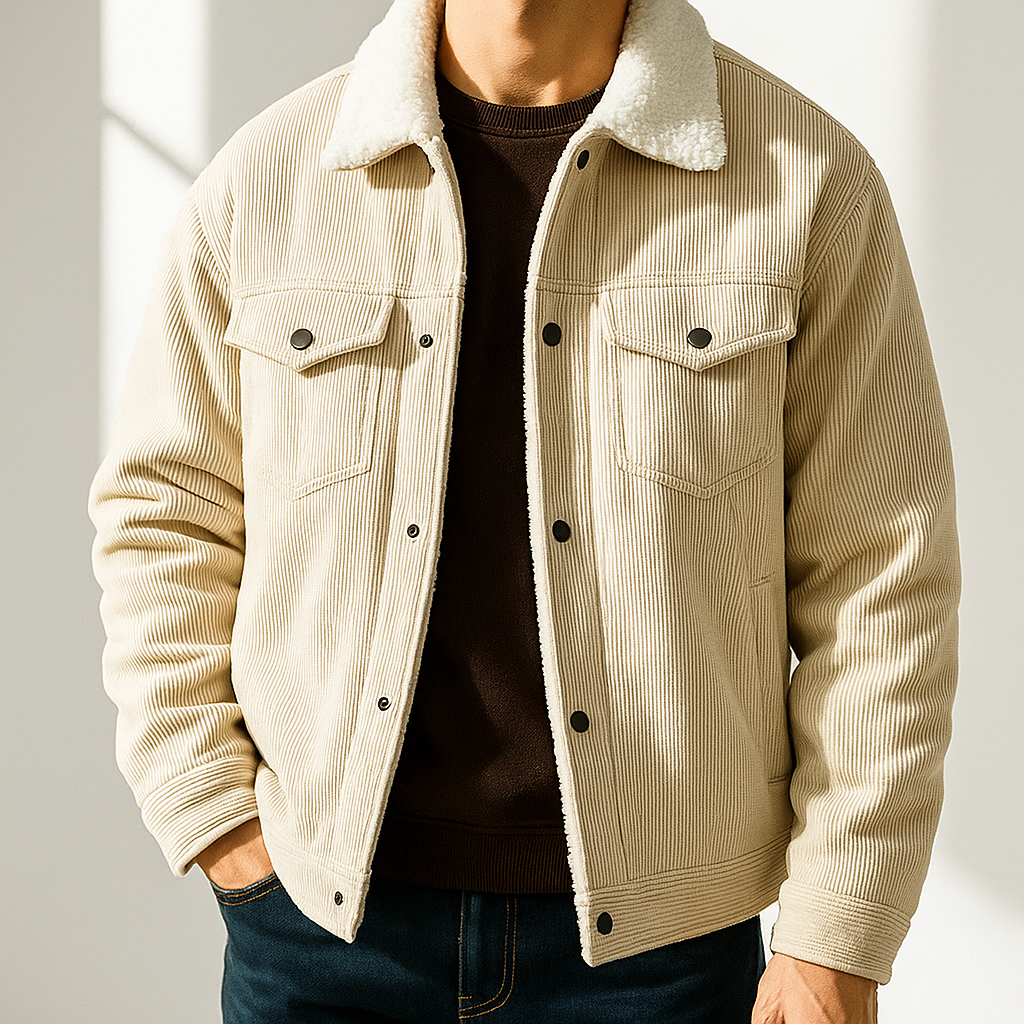 Man wearing a cream corduroy jacket with a pointed collar, button-front closure, flap chest pockets, and long sleeves.