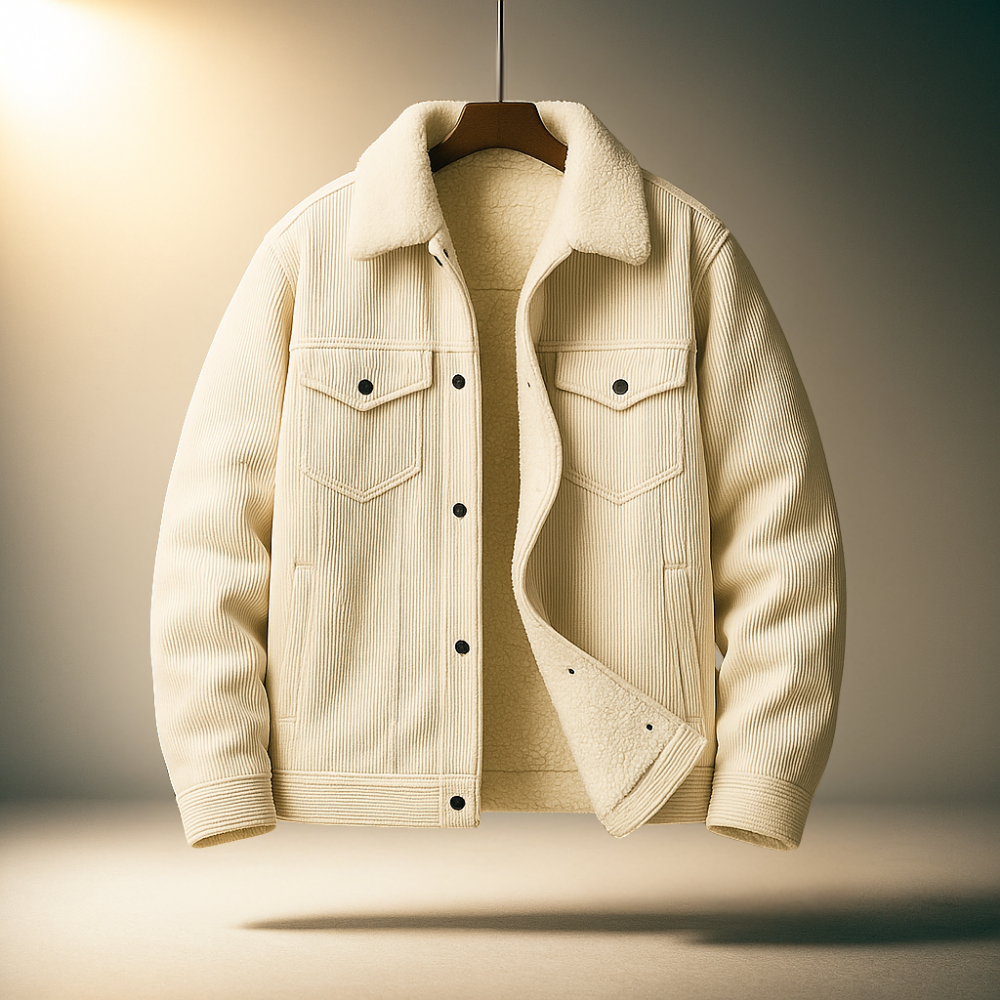 Cream corduroy jacket displayed open, featuring a pointed collar, button-front closure, chest pockets, and long sleeves.