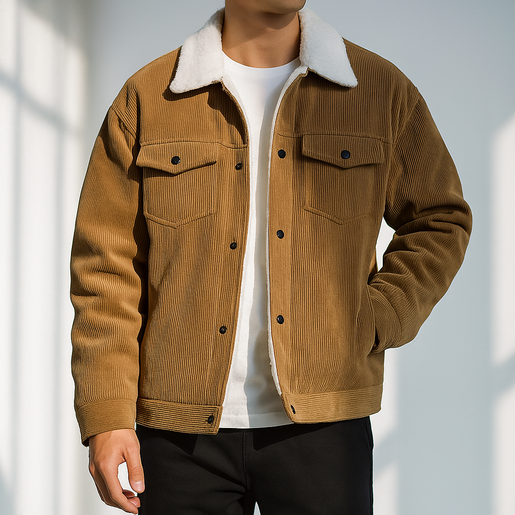 Man wearing a tan corduroy jacket with a white sherpa collar, button-front closure, flap chest pockets, long sleeves, and a relaxed fit.