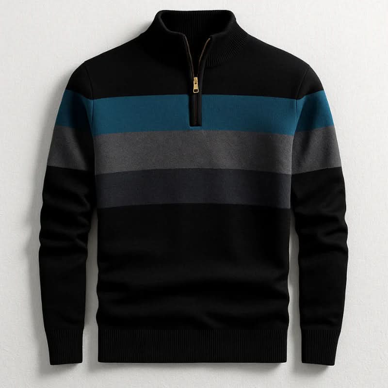 Midweight cotton quarter-zip sweater in black with blue and grey colorblock chest stripes and ribbed trim.
