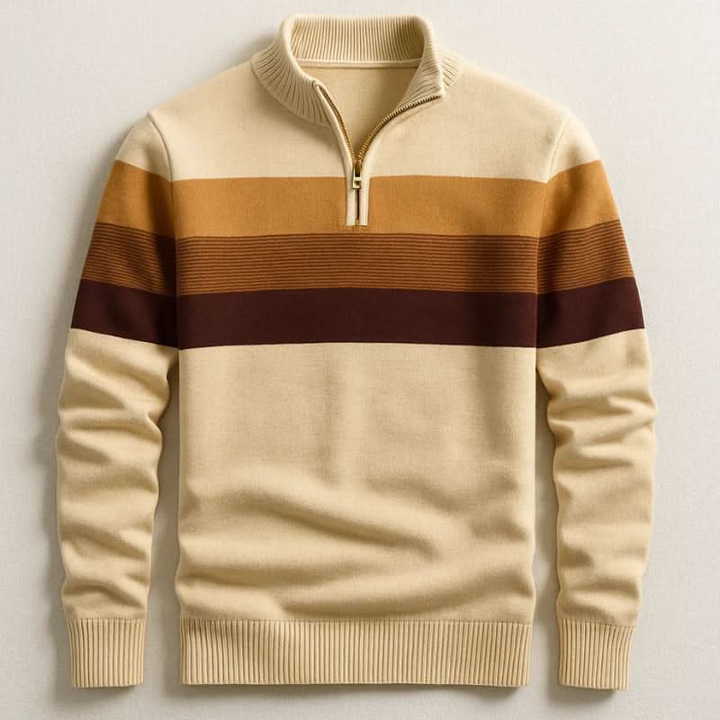Midweight cotton quarter-zip sweater in cream with bold brown and tan colorblock chest stripes and ribbed trim.