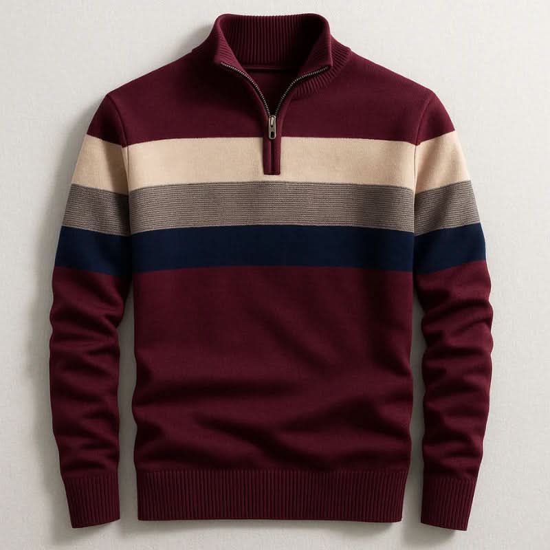 Midweight cotton quarter-zip sweater in burgundy with a multi-colored striped chest band and ribbed trim.