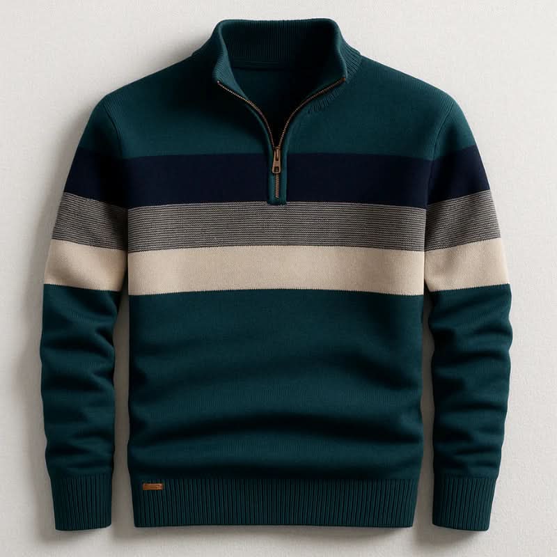 Midweight cotton quarter-zip sweater in teal with a multi-colored chest stripe, featuring a tailored fit and ribbed trim.