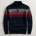 Navy midweight cotton quarter-zip sweater featuring a colorblock chest stripe in grey and burgundy with ribbed trim.