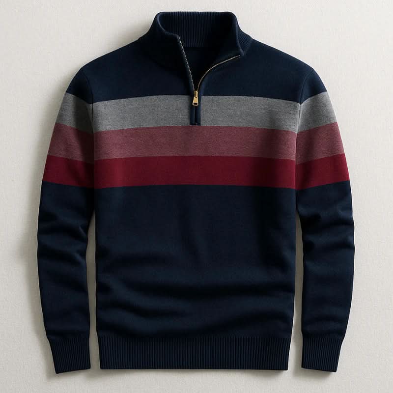 Navy midweight cotton quarter-zip sweater featuring a colorblock chest stripe in grey and burgundy with ribbed trim.