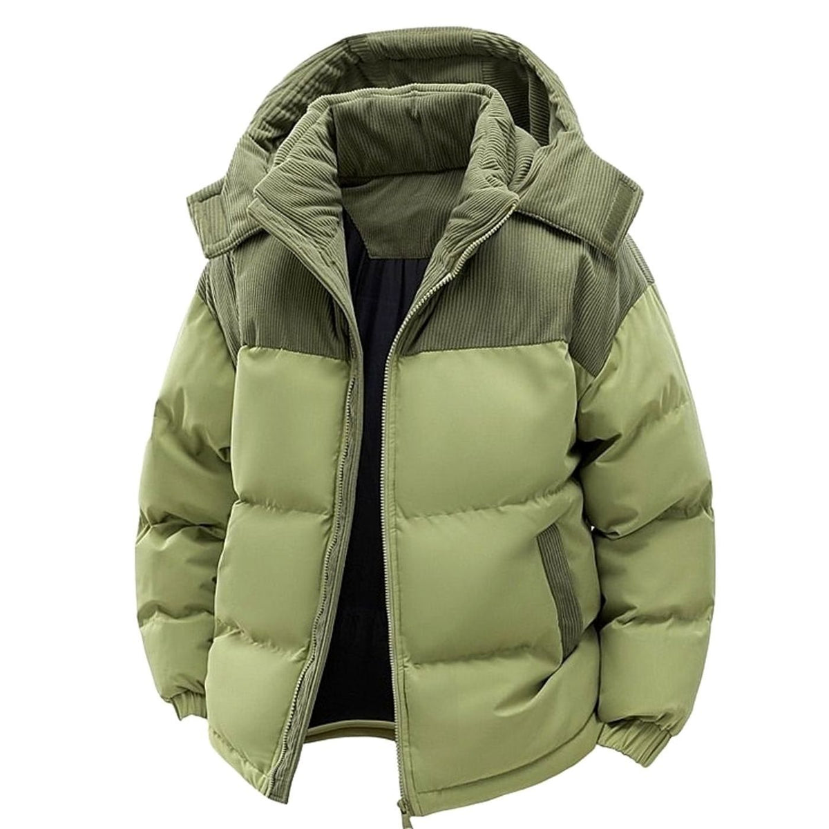 A green corduroy-trim hooded puffer jacket with quilted padding and a two-tone yoke