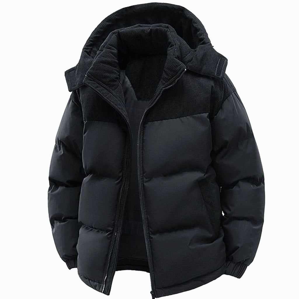 A black corduroy-trim hooded puffer jacket with quilted padding and a two-tone yoke