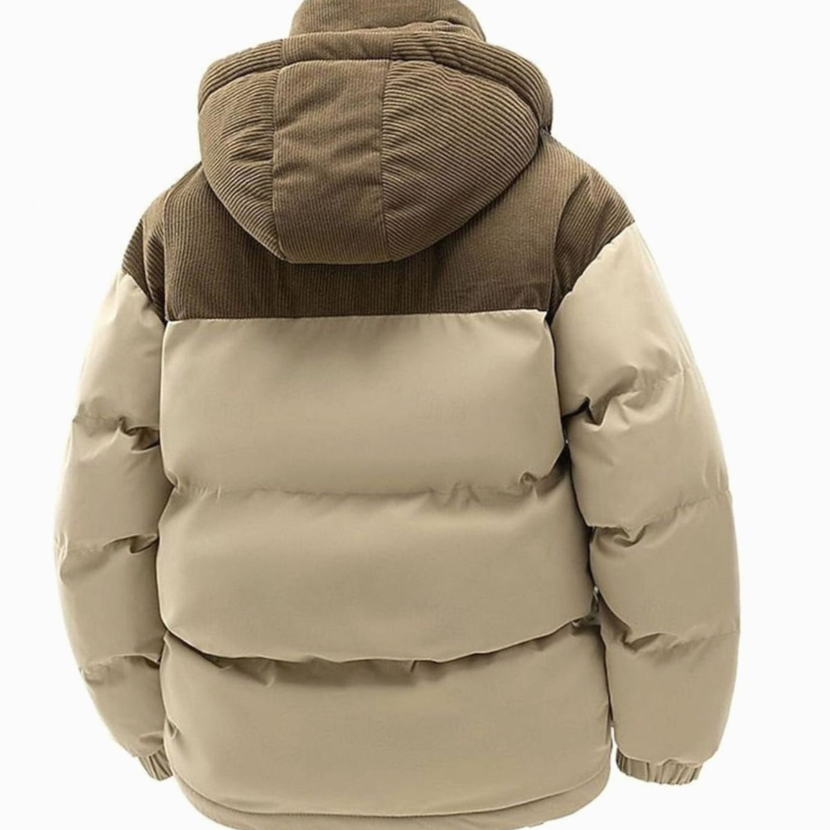 A cream and brown corduroy-trim hooded puffer jacket shown from the back