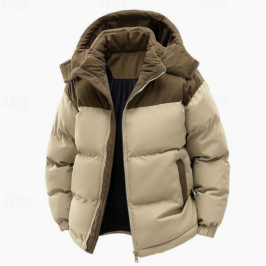 A two-tone corduroy-trim hooded puffer jacket with a brown yoke, quilted padding, and zip front, shown open