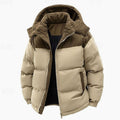 A two-tone corduroy-trim hooded puffer jacket with a brown yoke, quilted padding, and zip front, shown open