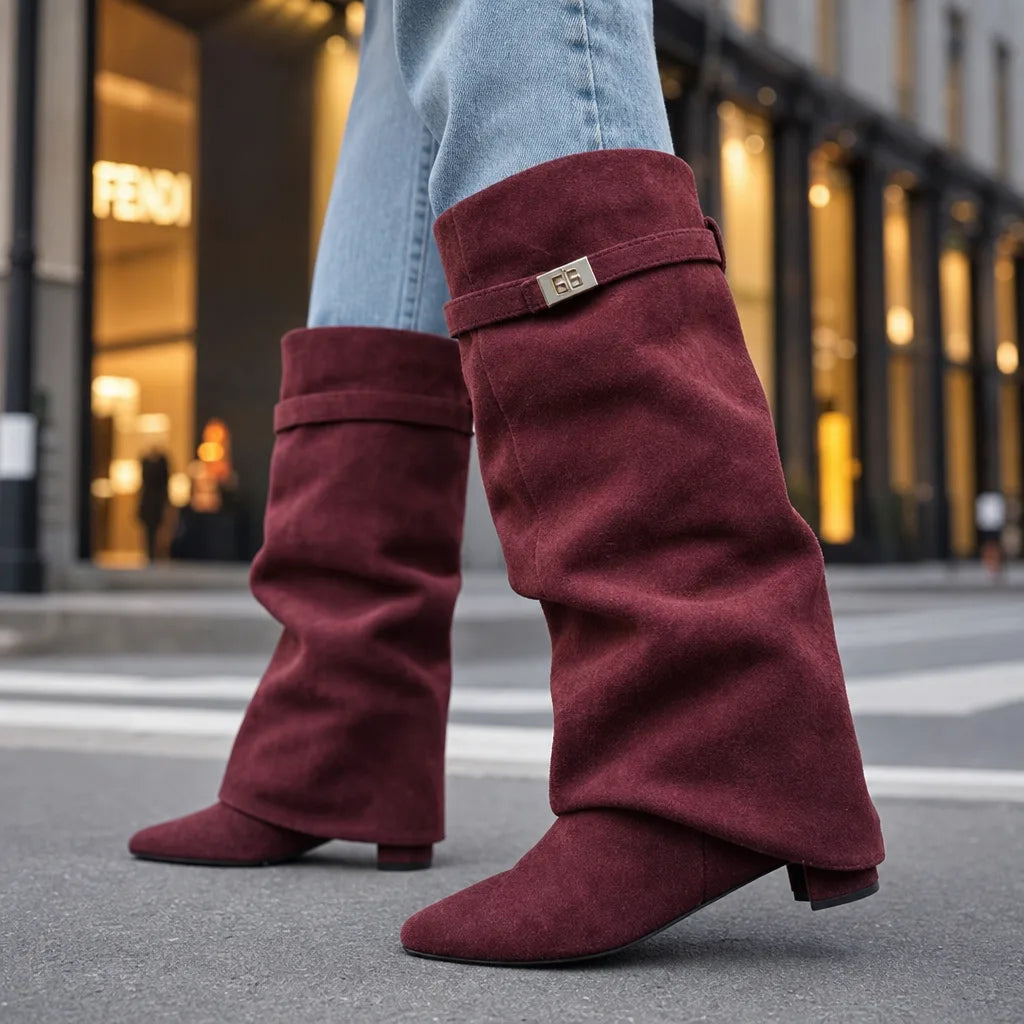 Crissa Suede Knee-High Boots – Fold-Over Cuff Buckle Strap Wedge Heel Footwear