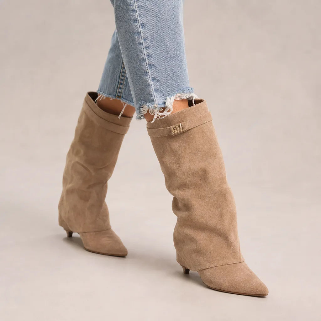 Crissa Suede Knee-High Boots – Fold-Over Cuff Buckle Strap Wedge Heel Footwear
