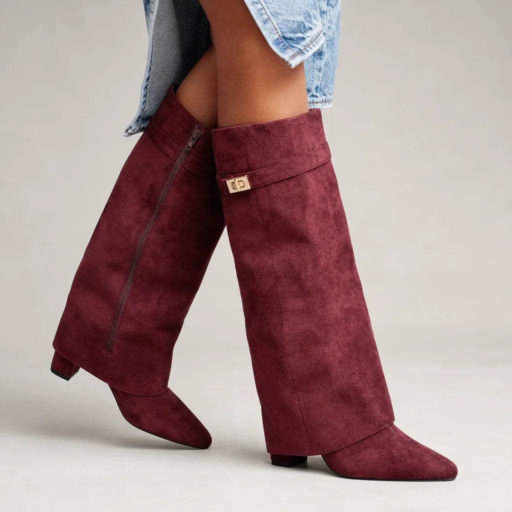 Crissa Suede Knee-High Boots – Fold-Over Cuff Buckle Strap Wedge Heel Footwear
