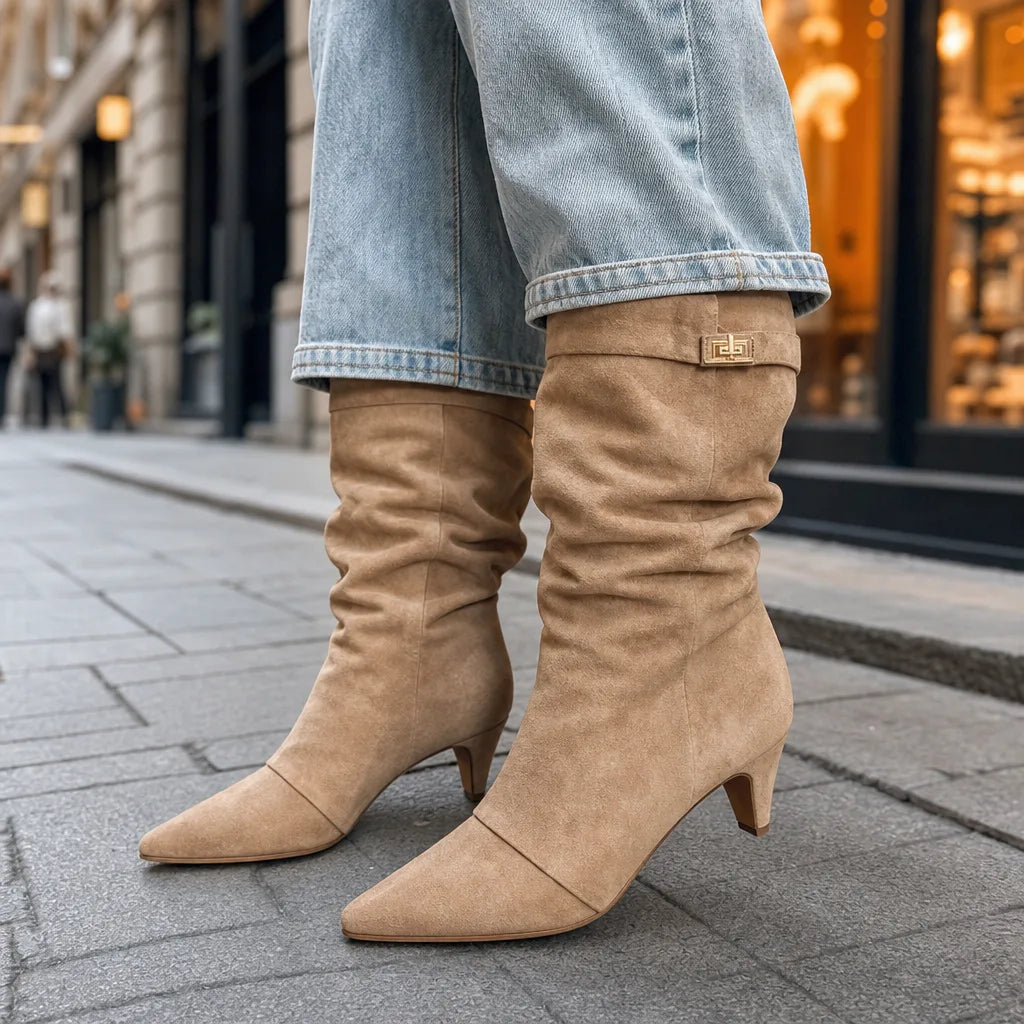 Crissa Suede Knee-High Boots – Fold-Over Cuff Buckle Strap Wedge Heel Footwear