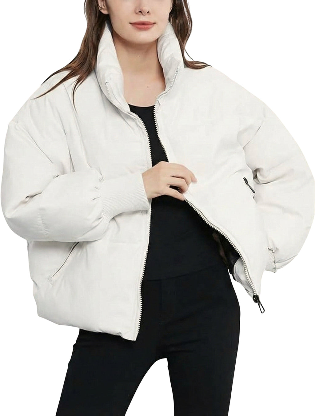 Off-white cropped puffer jacket with quilted padding, a high collar, and a full zip front in a relaxed fit.