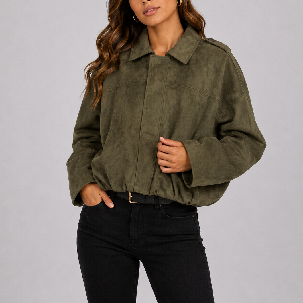A woman wearing a cropped olive suede bomber jacket with an oversized fit and wide sleeves