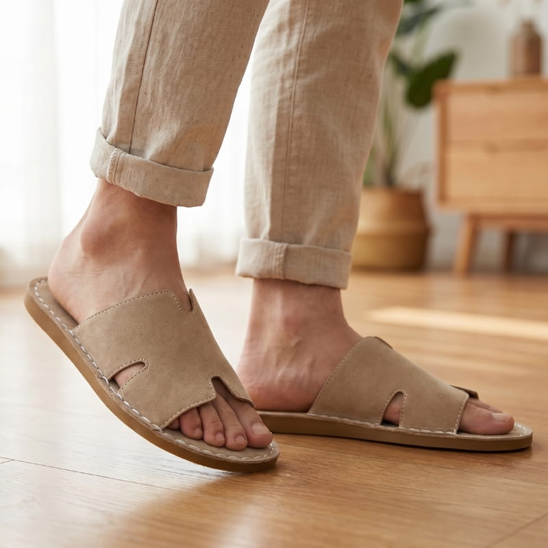 Legs in cuffed beige linen trousers wearing khaki suede slide sandals, standing on a wooden floor indoors