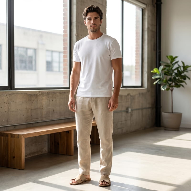 Man in white t-shirt and cream trousers standing in a sunlit industrial loft wearing brown suede slide sandals