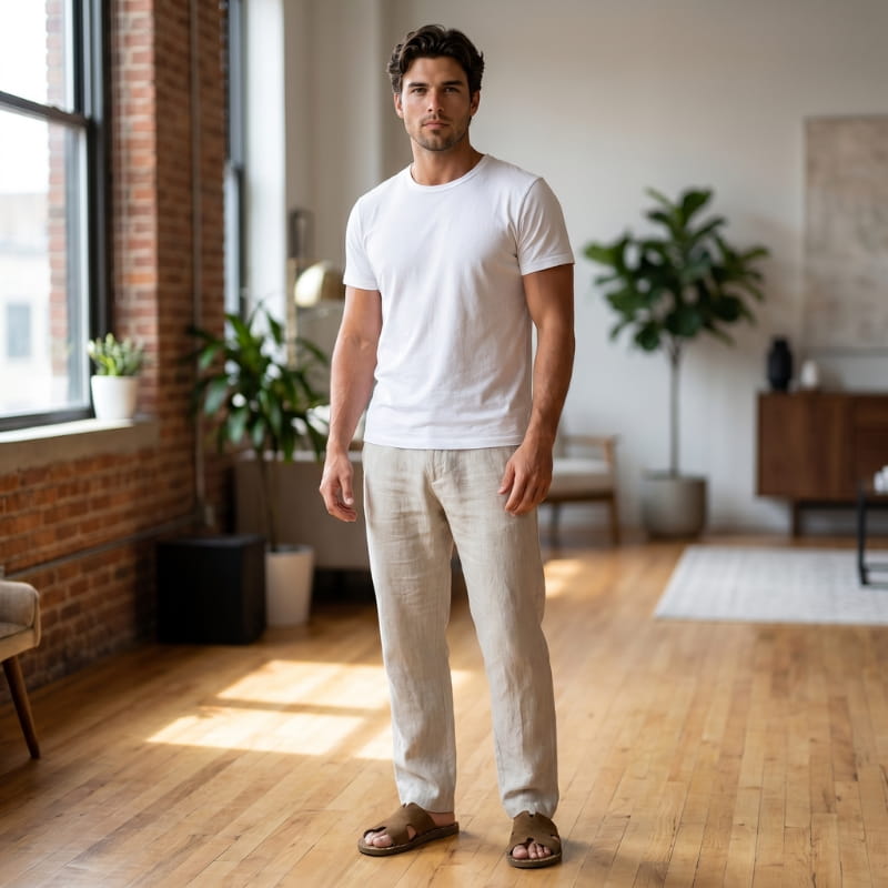 Man in white t-shirt and cream trousers standing in a sunlit home interior with a brick wall, wearing brown suede slide sandals