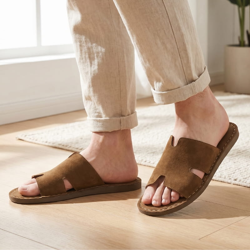 Legs in cuffed beige trousers wearing brown suede slide sandals, standing on a wooden floor near a sunlit window