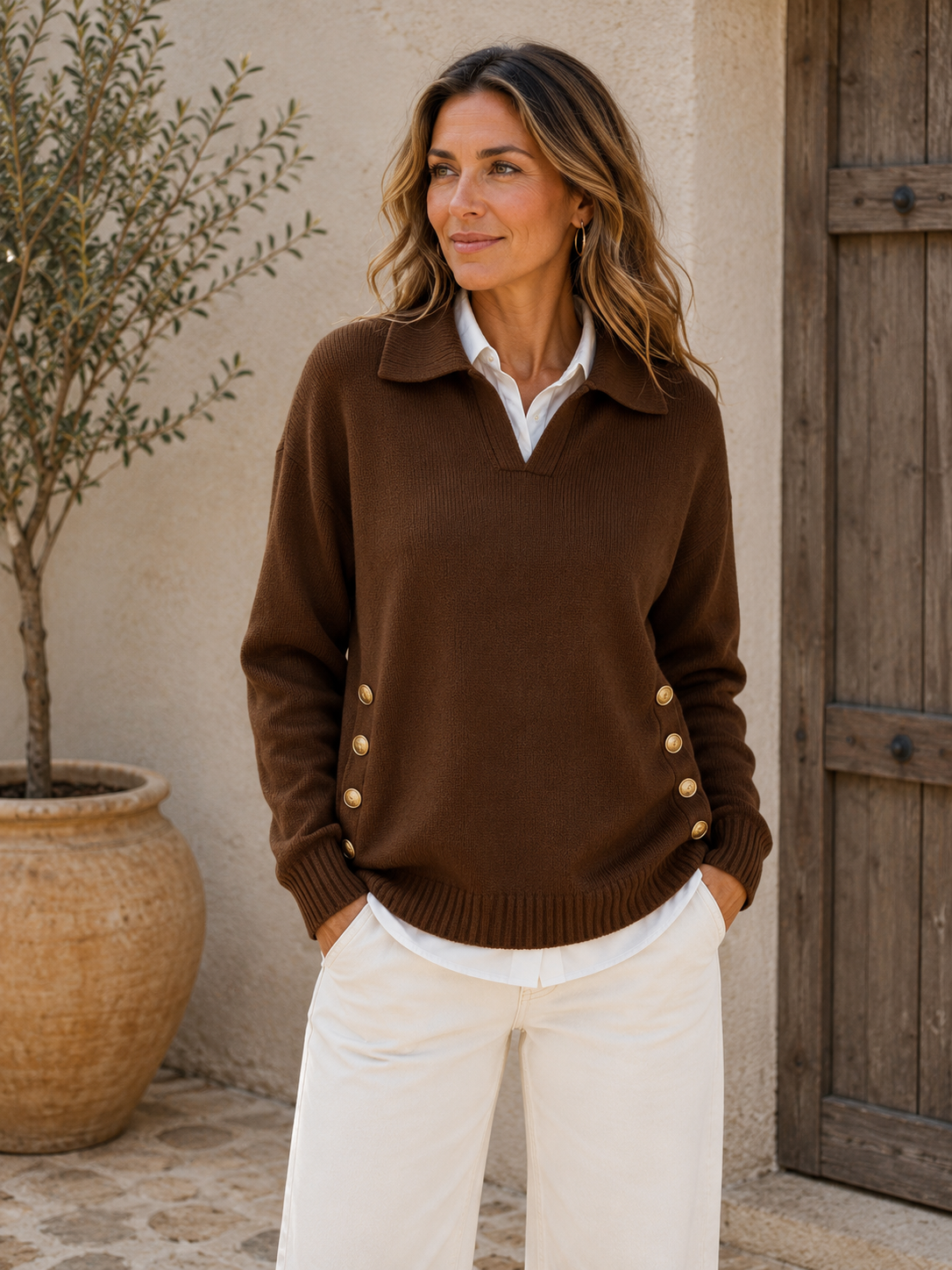 Delila Soft Knit Collared Sweater – Button Detail V-Neck Relaxed Pullover