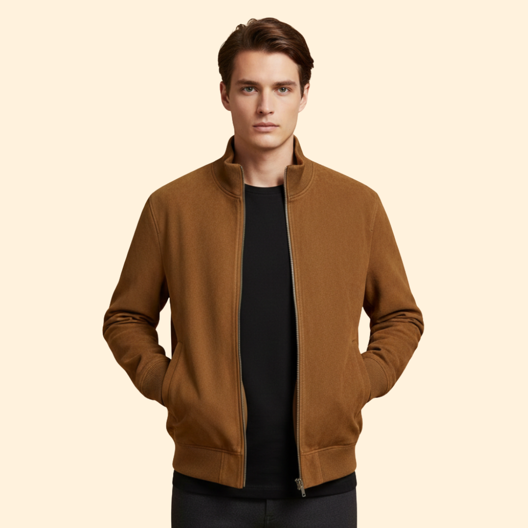 Brown brushed knit bomber jacket with a ribbed stand collar, zip front, and side pockets on a man.