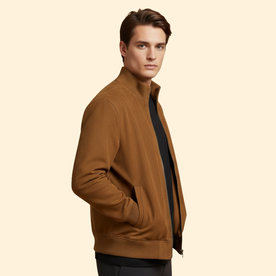 Tan brushed knit bomber jacket with a rib stand collar, side pockets, and a regular fit worn over a black shirt.
