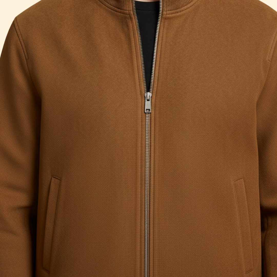 Brown brushed knit bomber jacket with a rib stand collar, metal front zipper, and clean side entry pockets.