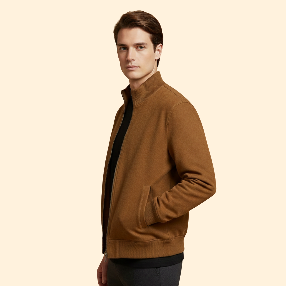 Brown brushed knit bomber jacket with a rib stand collar, side pockets, and a regular fit on a male model.