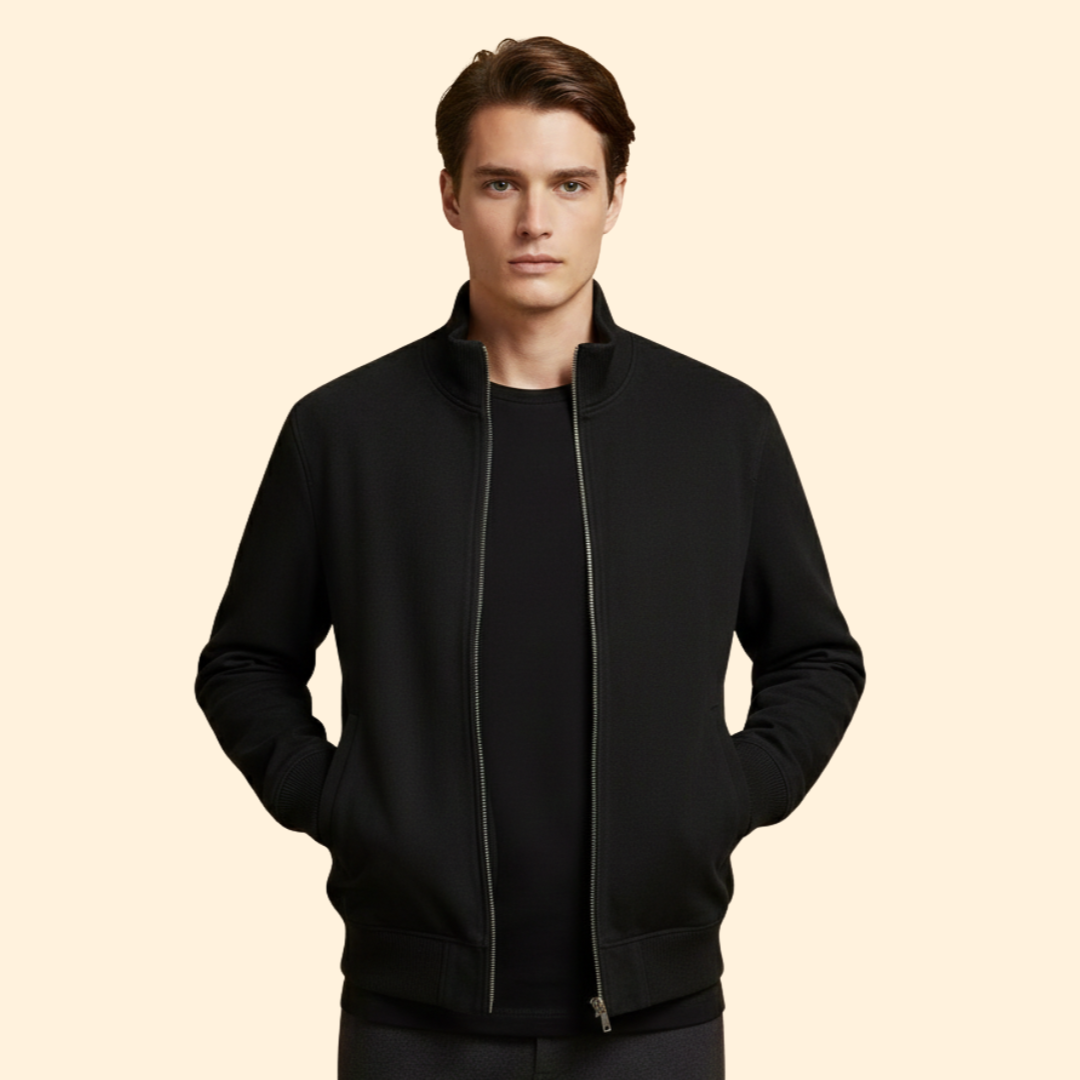 Black brushed knit bomber jacket with a stand collar, rib cuffs, and side pockets in a regular fit.