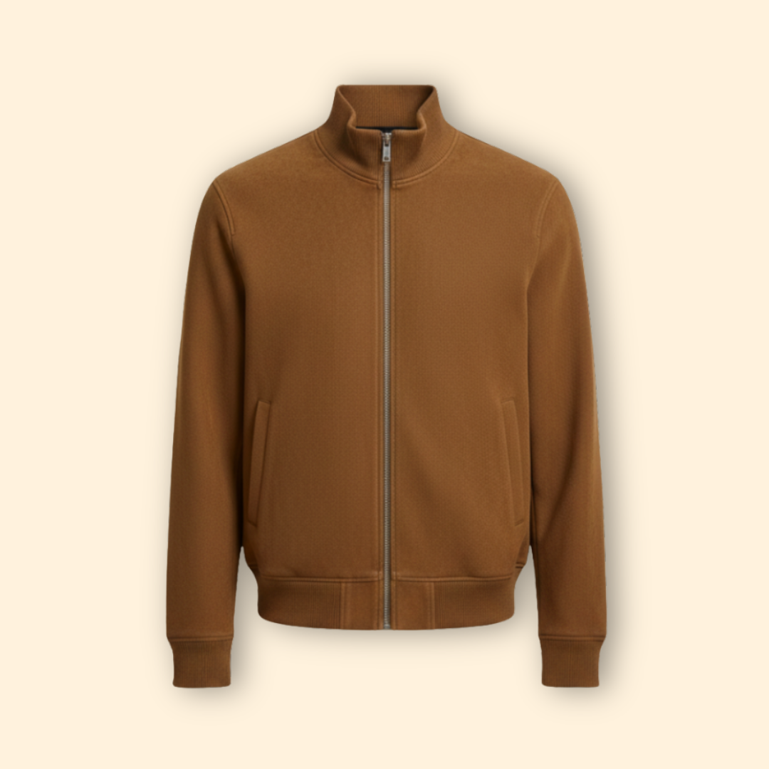 Brown brushed knit bomber jacket with a ribbed stand collar, full zip closure, and side pockets in a regular fit.