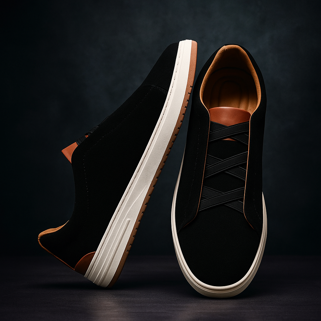 Two black suede Dominic slip-on sneakers with tan trim posed facing each other against a dark moody background
